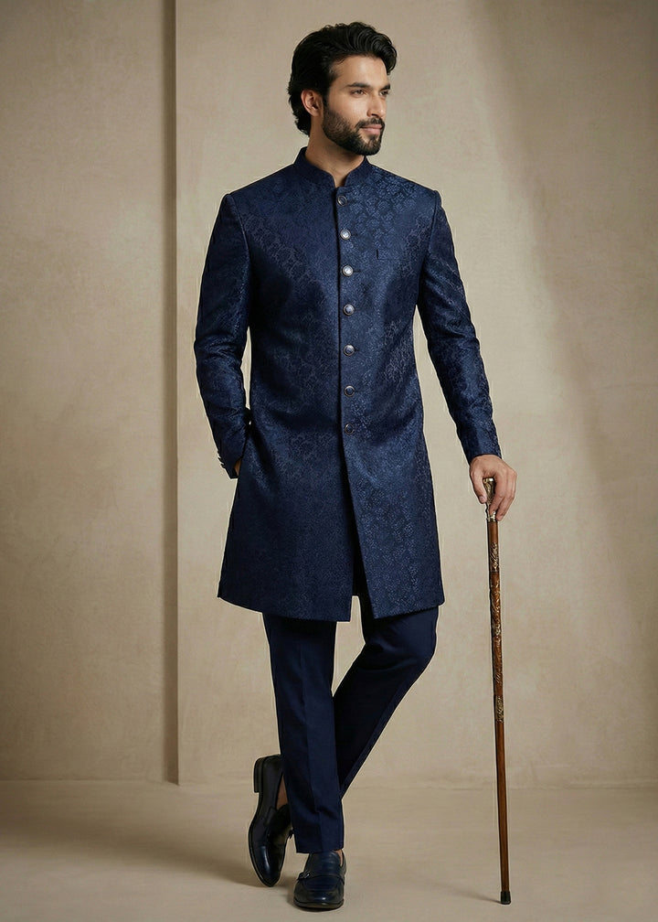 Navy Blue Donier Jacquard Men's Indo-Western Suit with Trousers