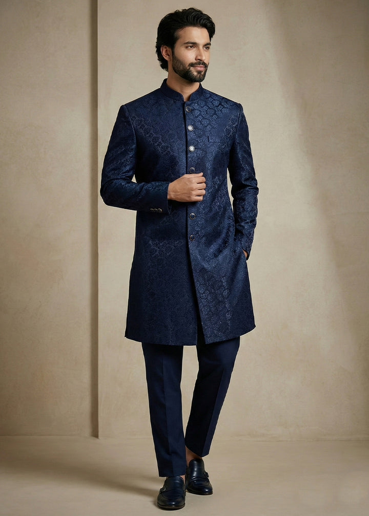 Navy Blue Donier Jacquard Men's Indo-Western Suit with Trousers