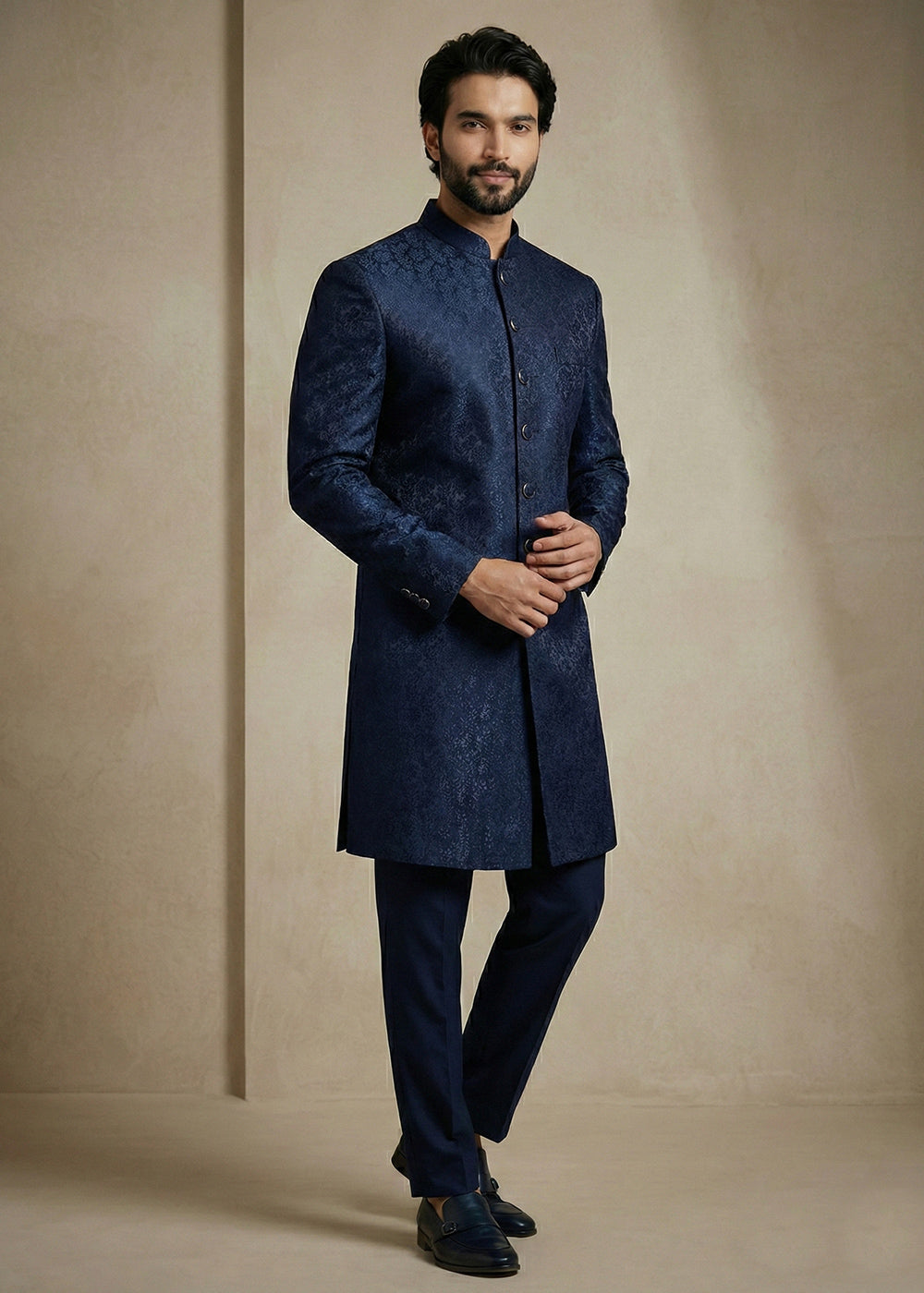 Navy Blue Donier Jacquard Men's Indo-Western Suit with Trousers