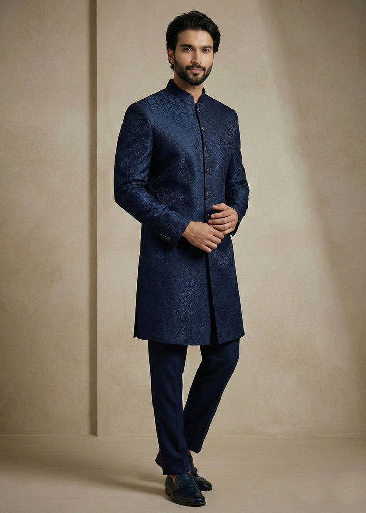 Navy Blue Donier Jacquard Men's Indo-Western Suit with Trousers