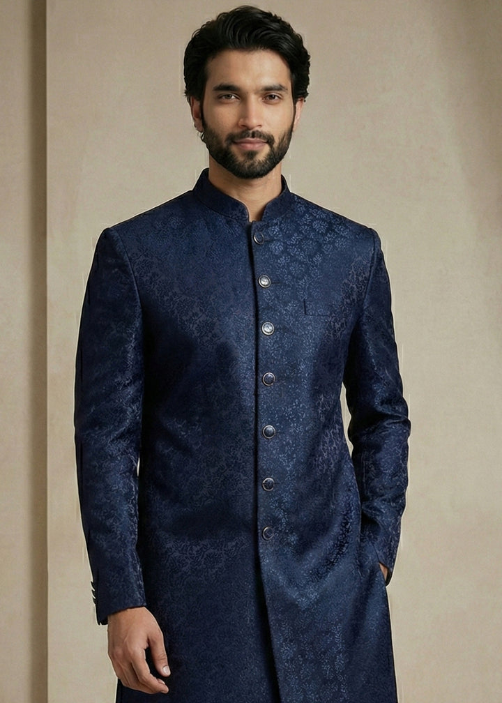 Navy Blue Donier Jacquard Men's Indo-Western Suit with Trousers