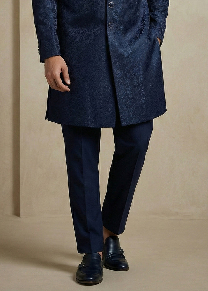 Navy Blue Donier Jacquard Men's Indo-Western Suit with Trousers