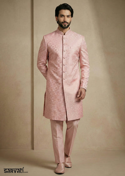 Light Pink Donier Jacquard Men's Indo-Western Suit with Trousers