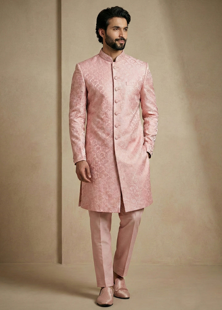 Light Pink Donier Jacquard Men's Indo-Western Suit with Trousers