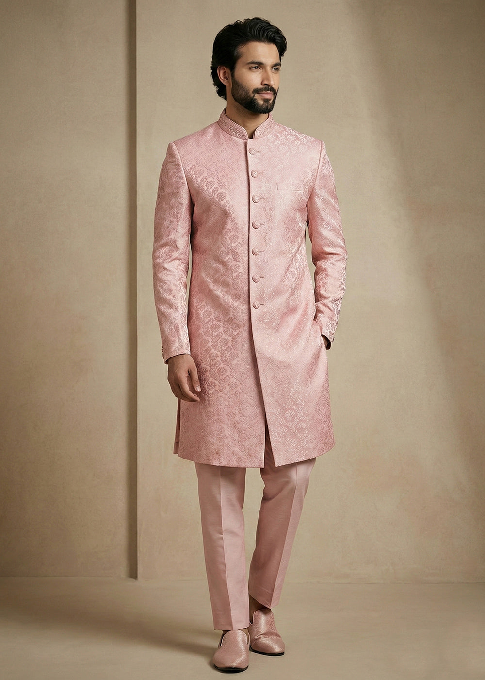 Light Pink Donier Jacquard Men's Indo-Western Suit with Trousers