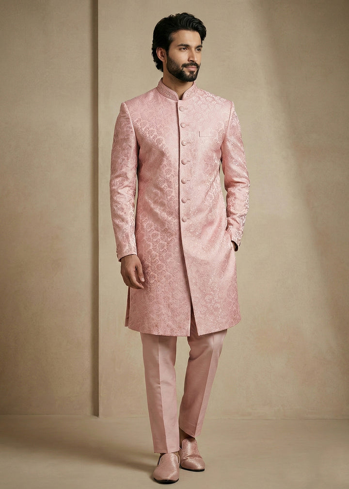 Light Pink Donier Jacquard Men's Indo-Western Suit with Trousers