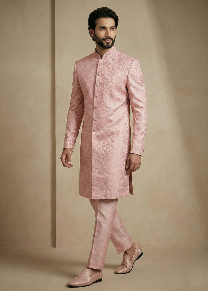 Light Pink Donier Jacquard Men's Indo-Western Suit with Trousers
