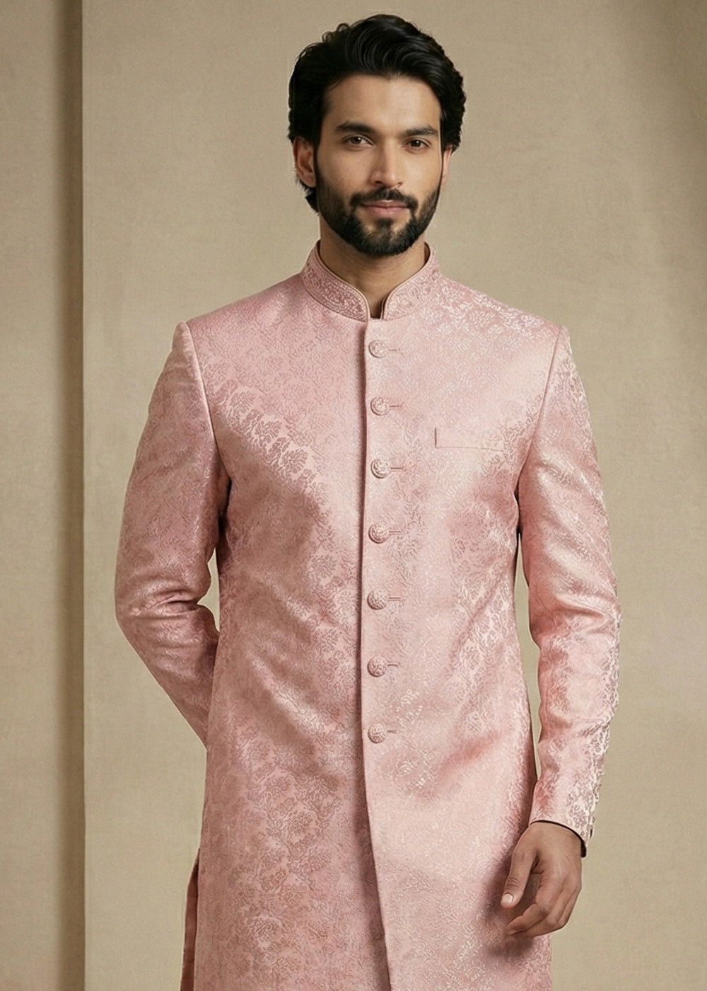 Light Pink Donier Jacquard Men's Indo-Western Suit with Trousers