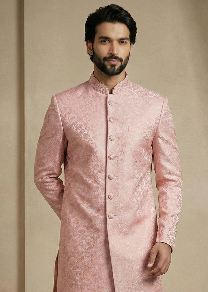 Light Pink Donier Jacquard Men's Indo-Western Suit with Trousers