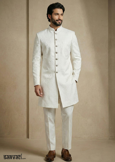 White Donier Jacquard Men's Indo-Western Suit with Trousers