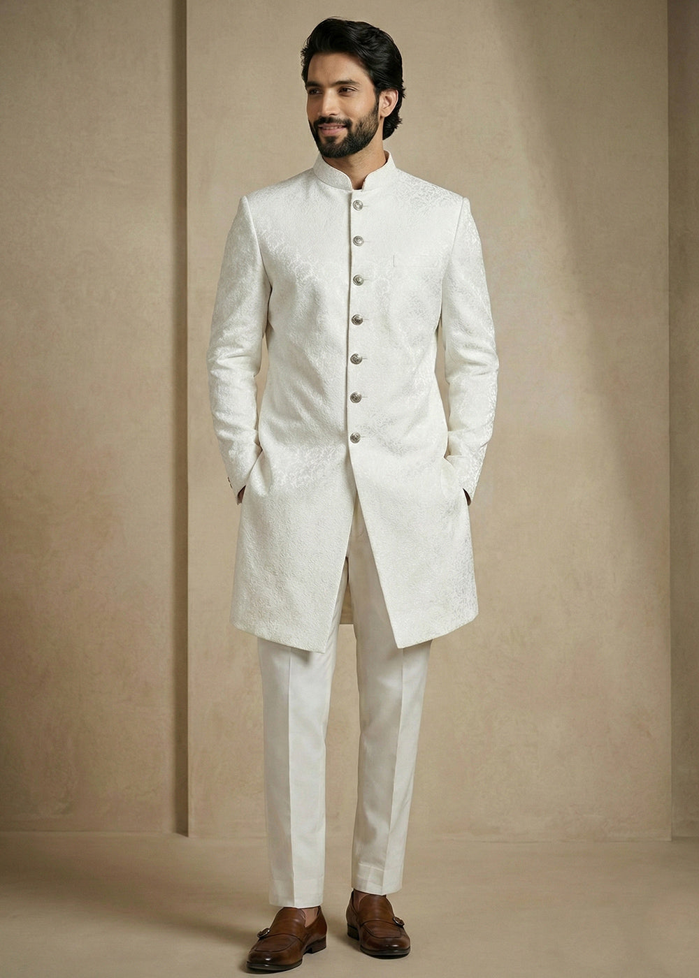 White Donier Jacquard Men's Indo-Western Suit with Trousers