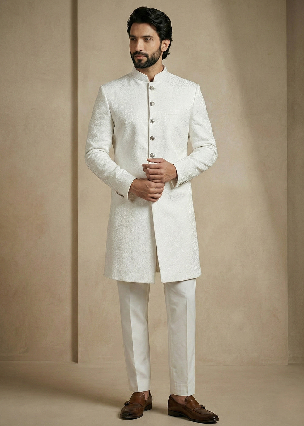 White Donier Jacquard Men's Indo-Western Suit with Trousers