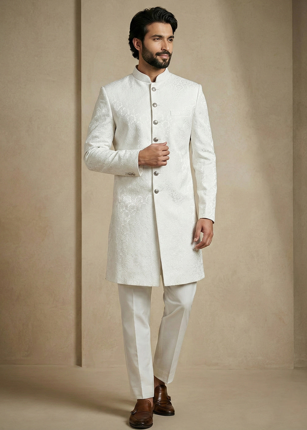 White Donier Jacquard Men's Indo-Western Suit with Trousers