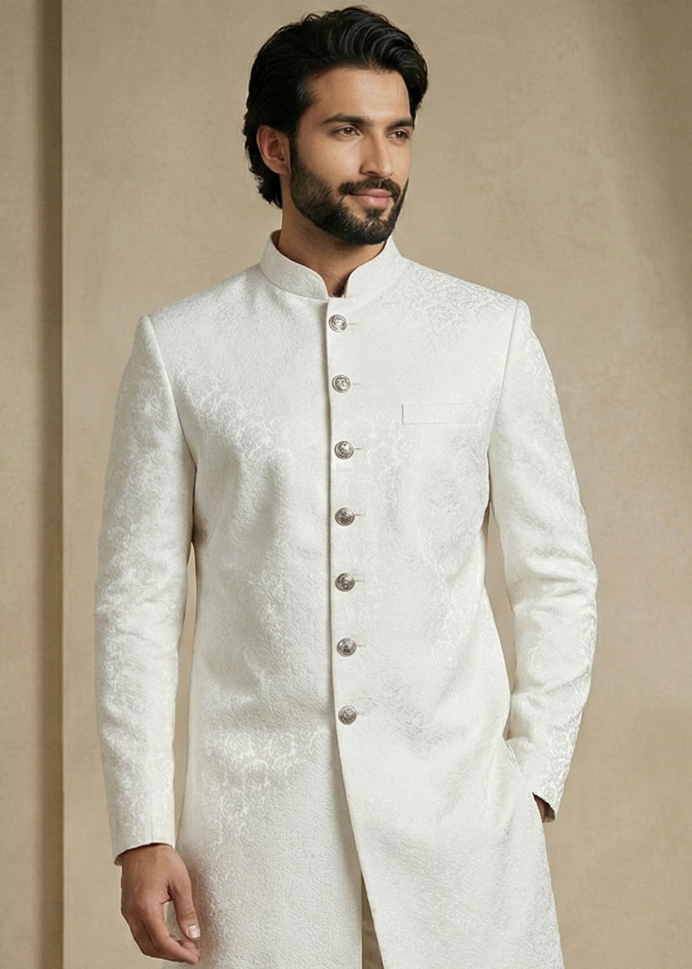 White Donier Jacquard Men's Indo-Western Suit with Trousers