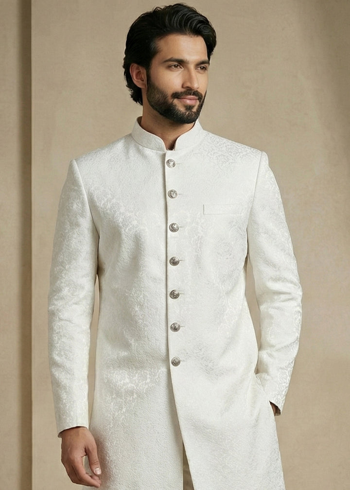 White Donier Jacquard Men's Indo-Western Suit with Trousers
