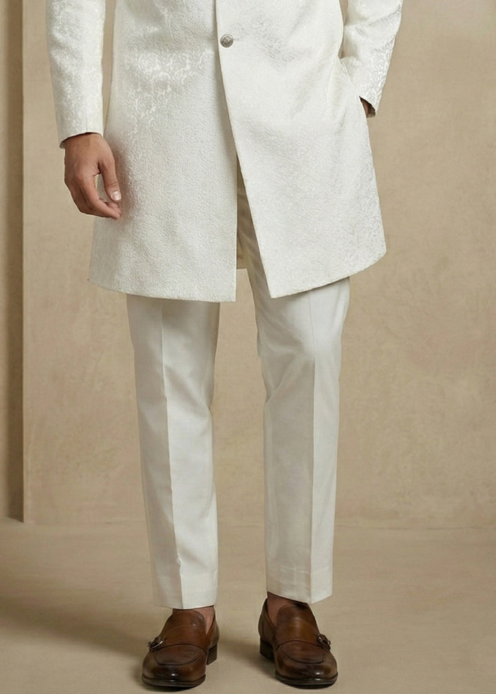 White Donier Jacquard Men's Indo-Western Suit with Trousers