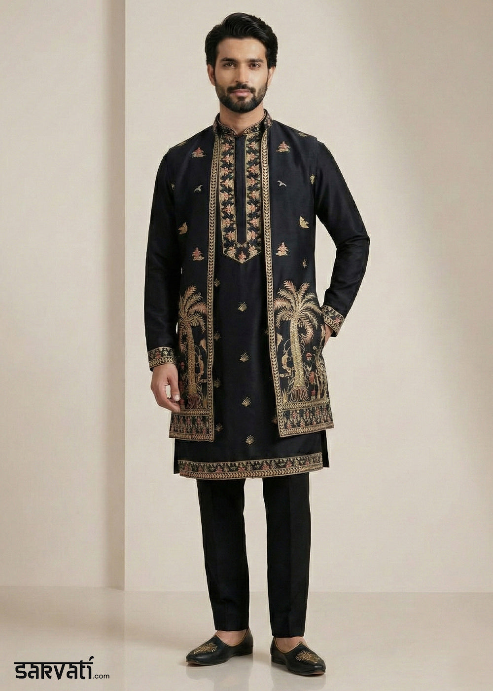 Black Embroidered Kurta Pajama Set with Long Jacket