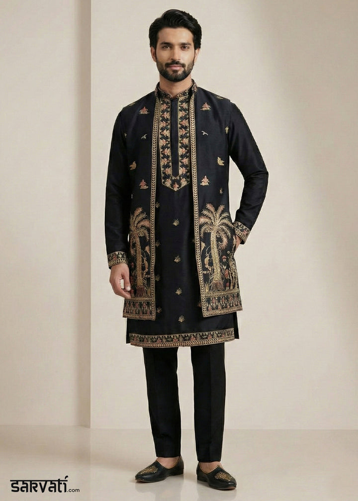 Black Embroidered Kurta Pajama Set with Long Jacket