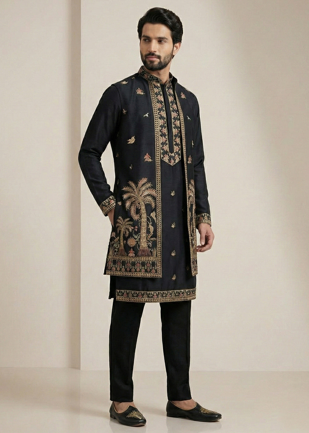 Black Embroidered Kurta Pajama Set with Long Jacket