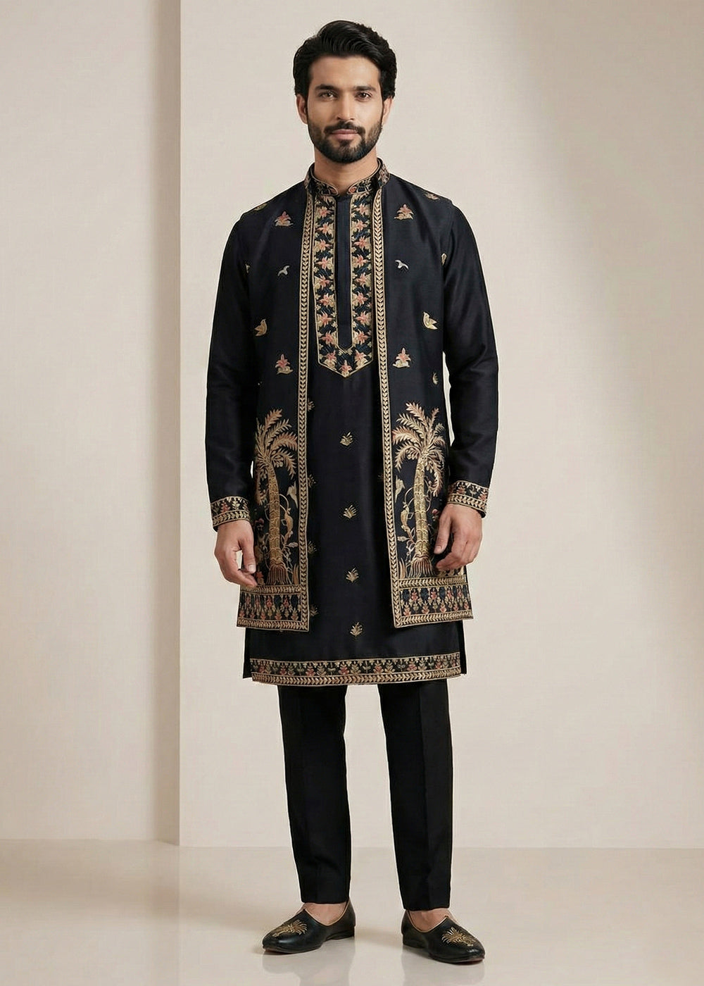 Black Embroidered Kurta Pajama Set with Long Jacket
