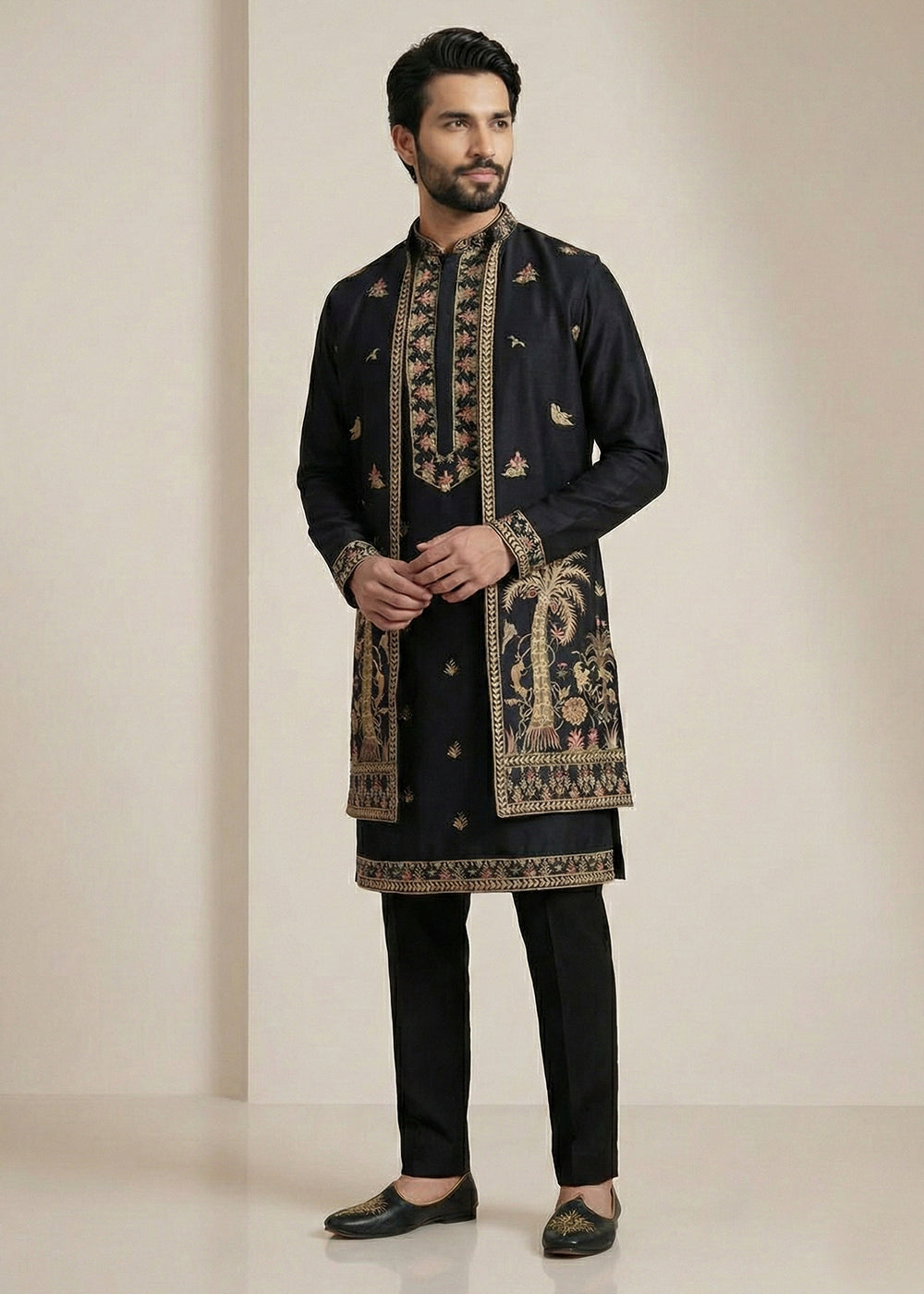 Black Embroidered Kurta Pajama Set with Long Jacket