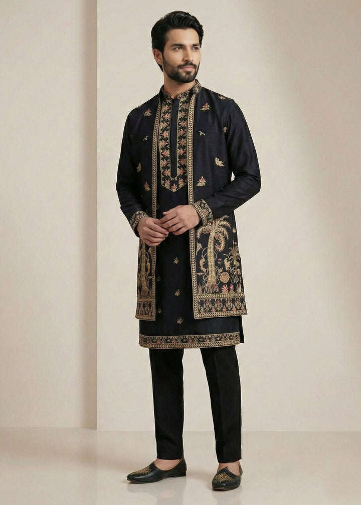 Black Embroidered Kurta Pajama Set with Long Jacket