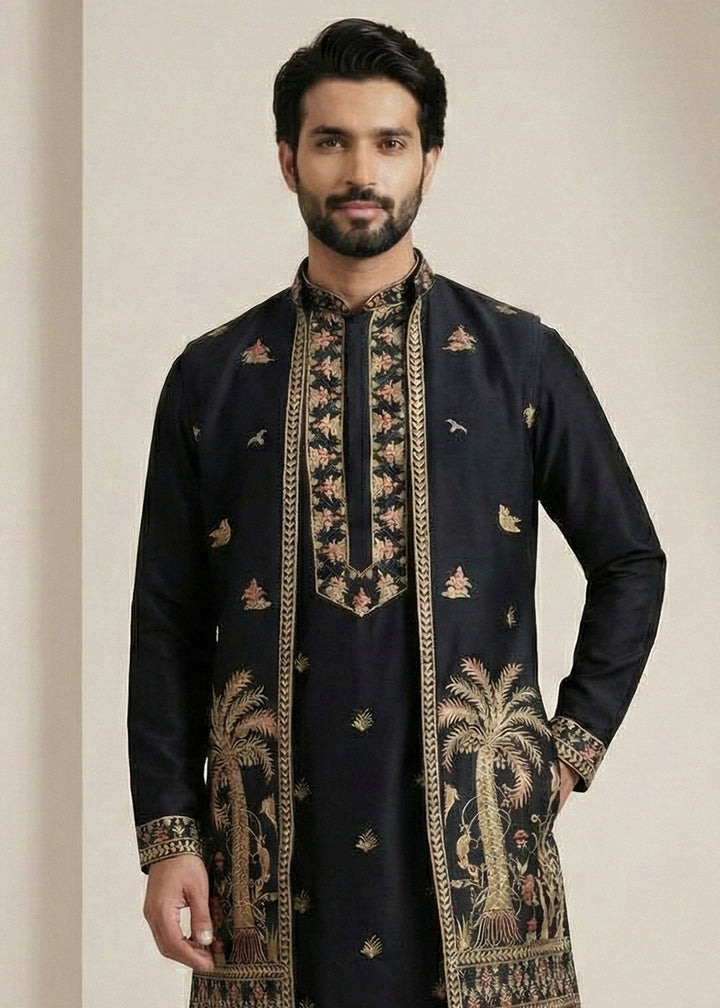 Black Embroidered Kurta Pajama Set with Long Jacket