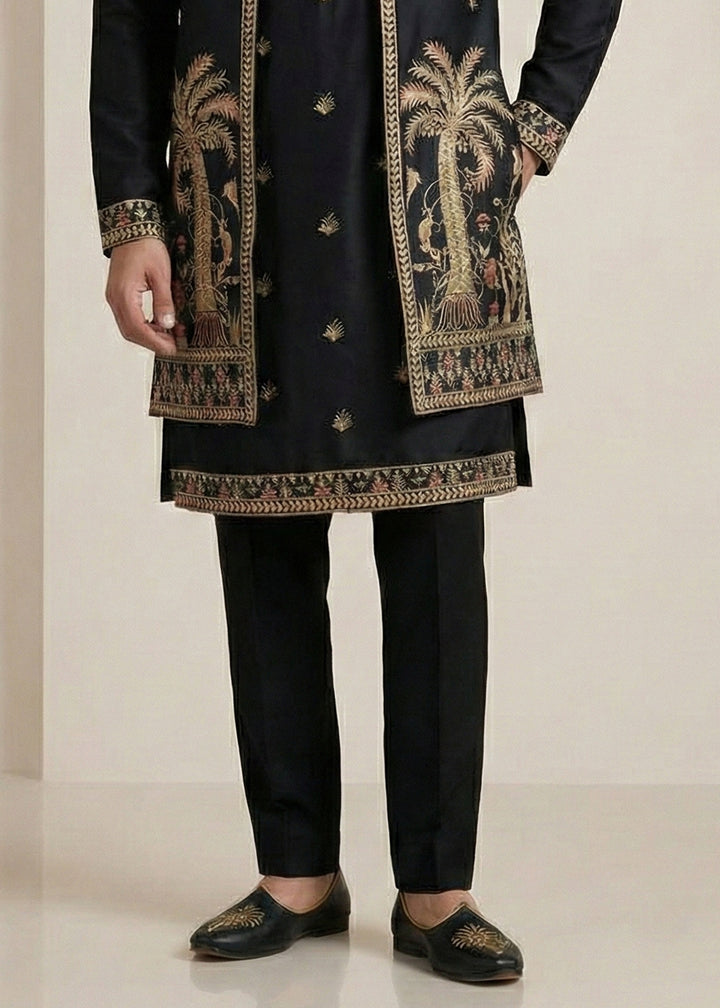 Black Embroidered Kurta Pajama Set with Long Jacket