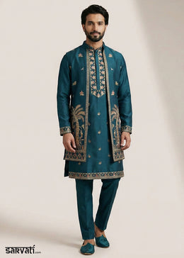 Teal Embroidered Kurta Pajama Set with Long Jacket