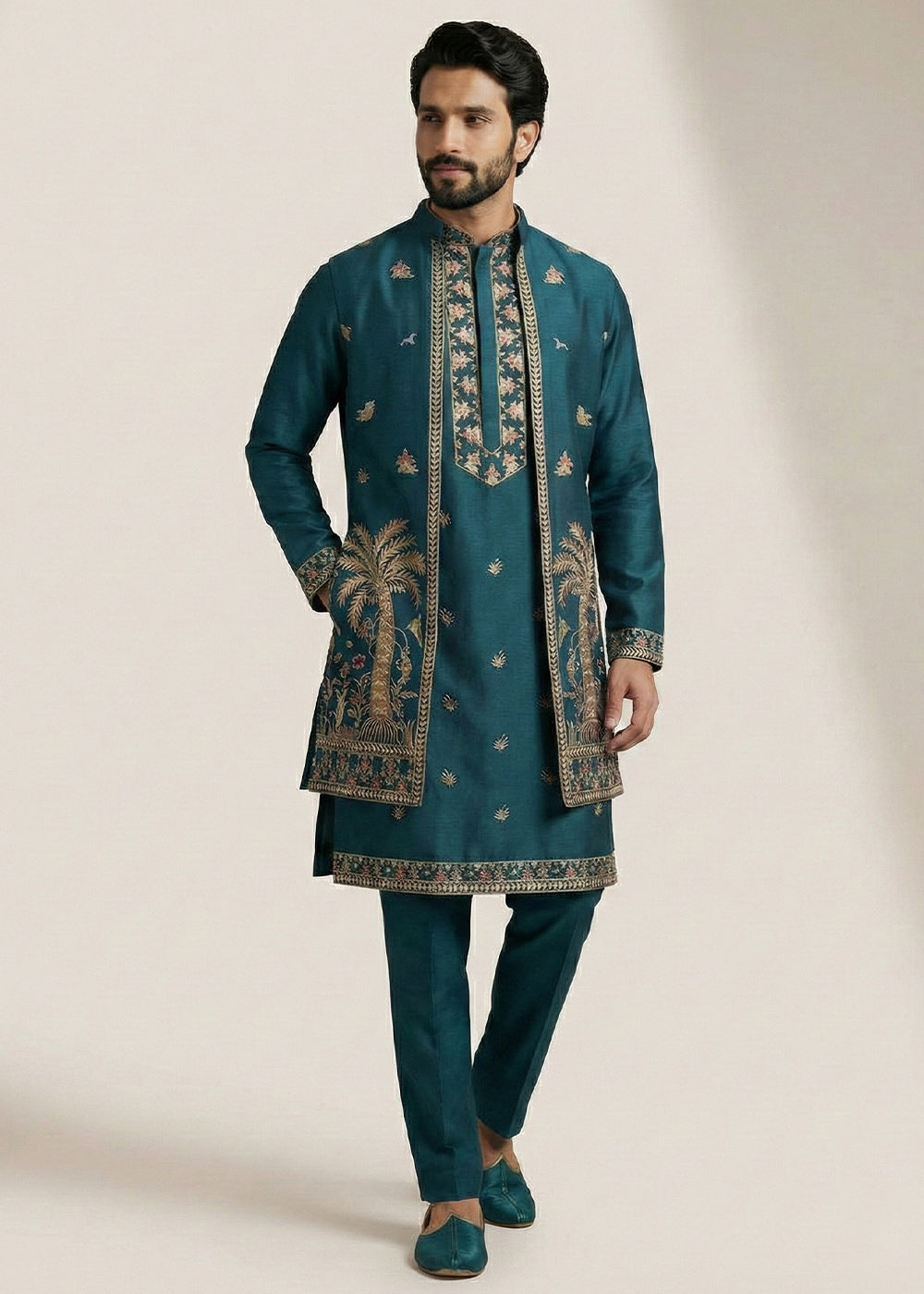 Teal Embroidered Kurta Pajama Set with Long Jacket