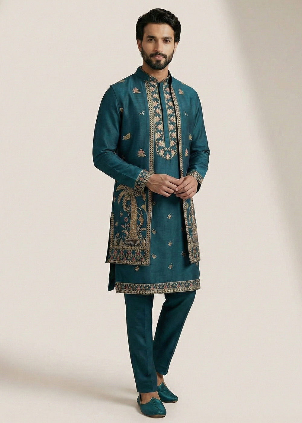 Teal Embroidered Kurta Pajama Set with Long Jacket