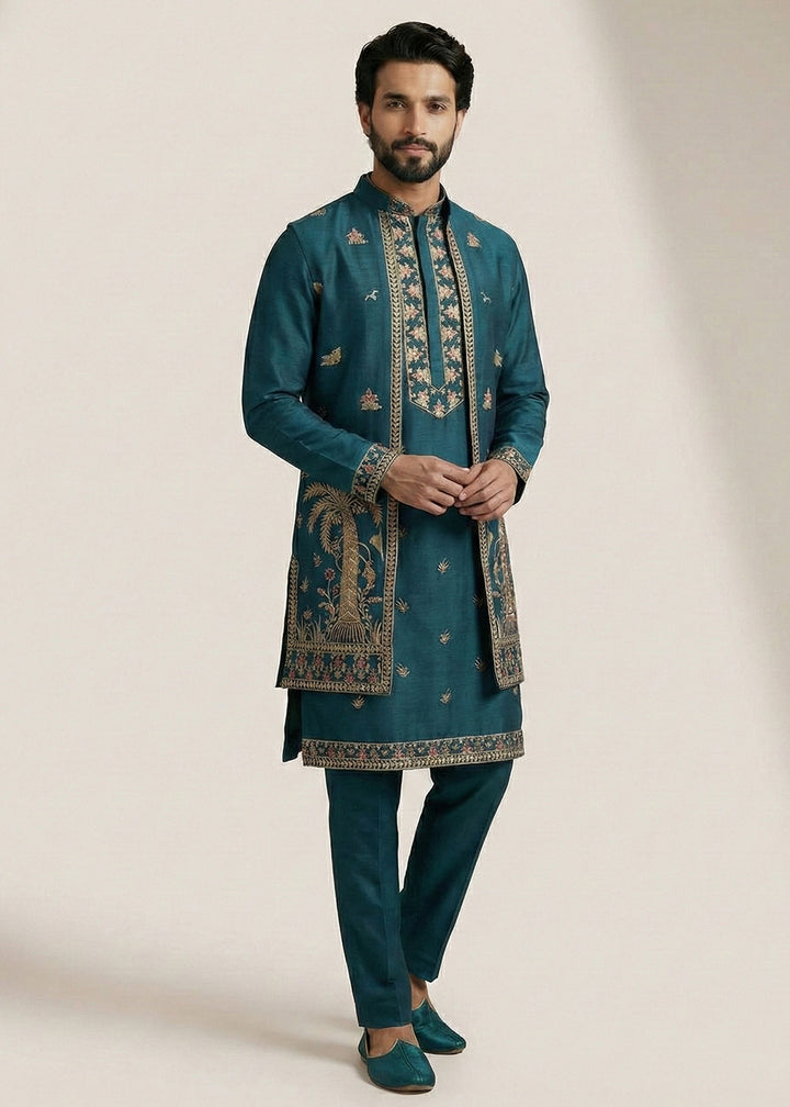 Teal Embroidered Kurta Pajama Set with Long Jacket