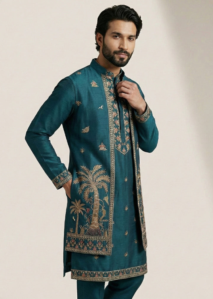 Teal Embroidered Kurta Pajama Set with Long Jacket