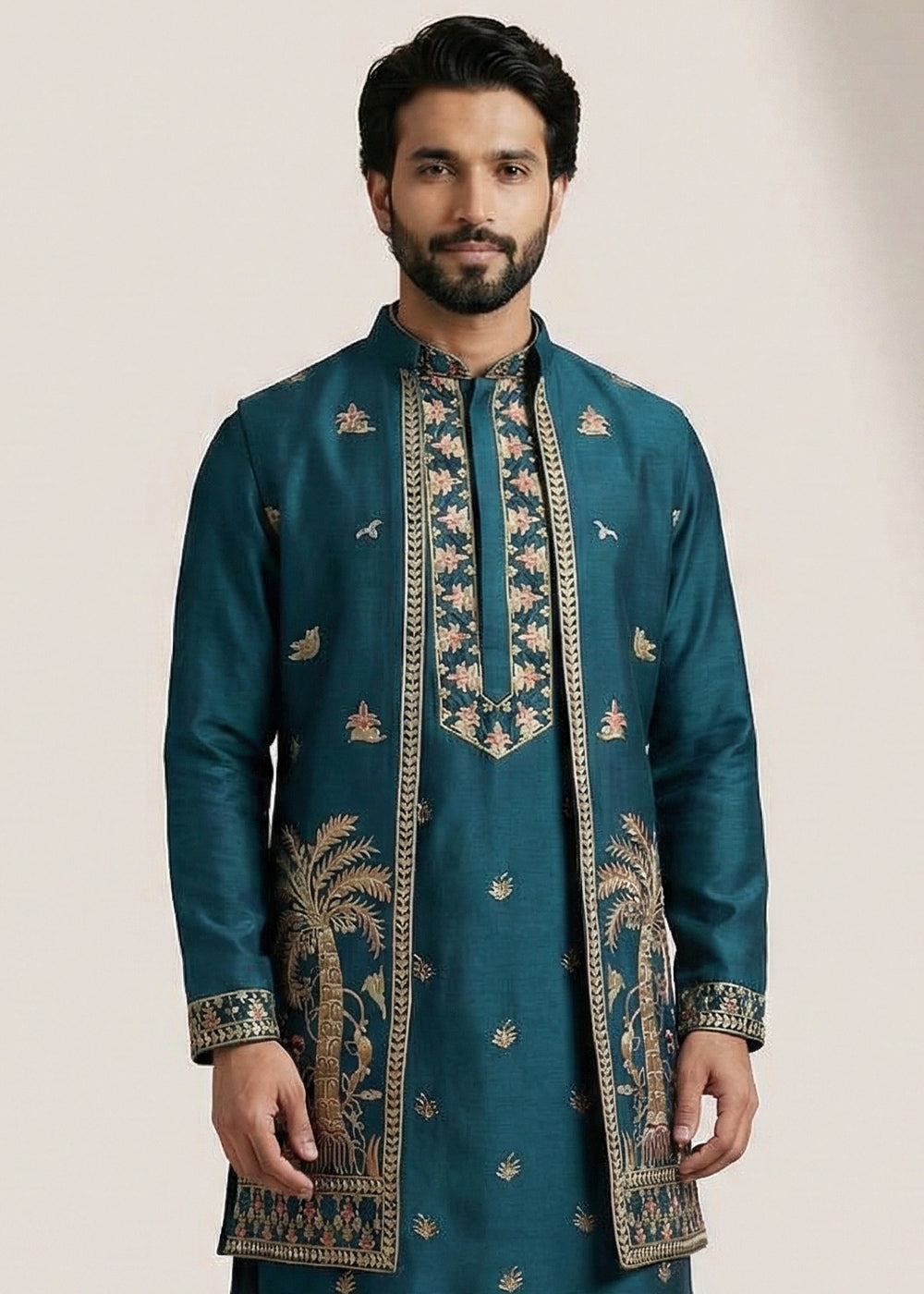 Teal Embroidered Kurta Pajama Set with Long Jacket