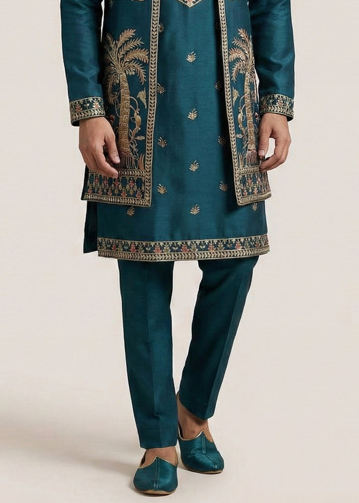 Teal Embroidered Kurta Pajama Set with Long Jacket