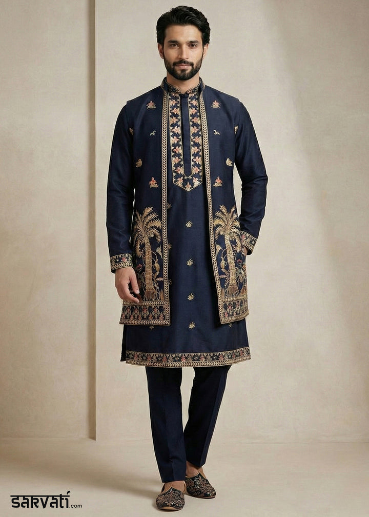 Navy Blue Embroidered Kurta Pajama Set with Long Jacket