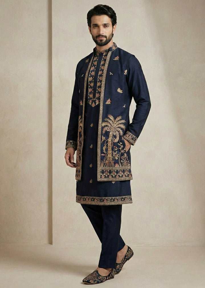 Navy Blue Embroidered Kurta Pajama Set with Long Jacket