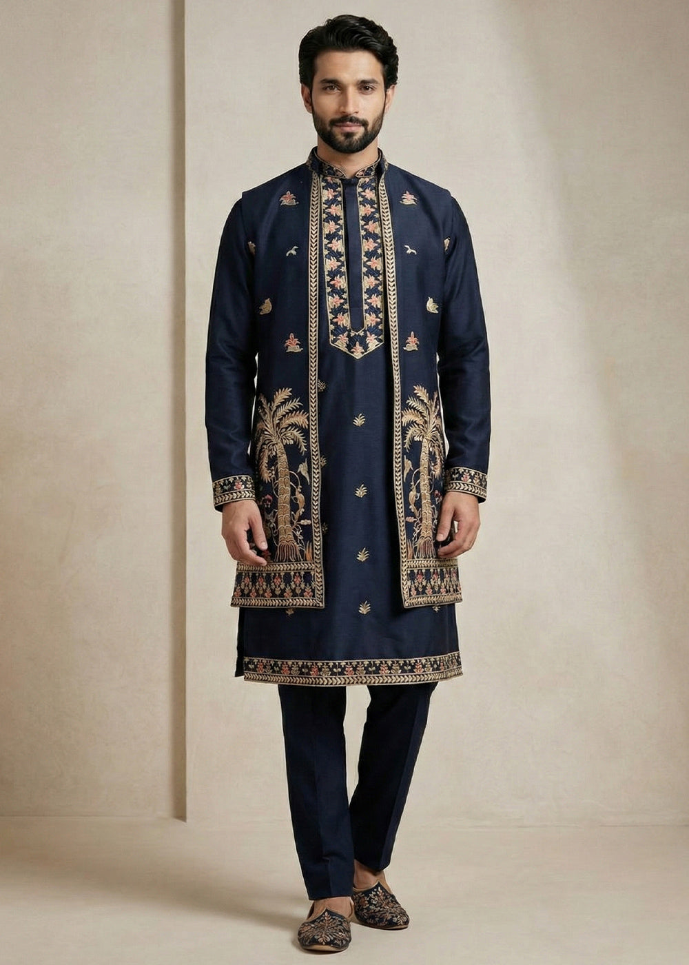 Navy Blue Embroidered Kurta Pajama Set with Long Jacket