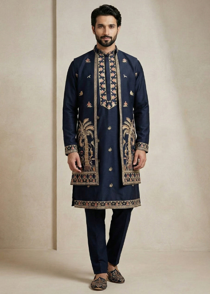 Navy Blue Embroidered Kurta Pajama Set with Long Jacket