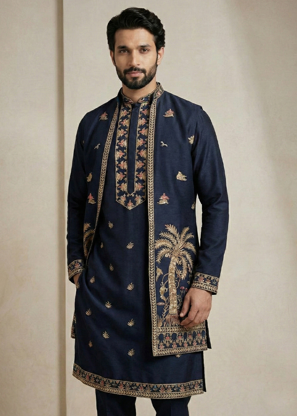 Navy Blue Embroidered Kurta Pajama Set with Long Jacket
