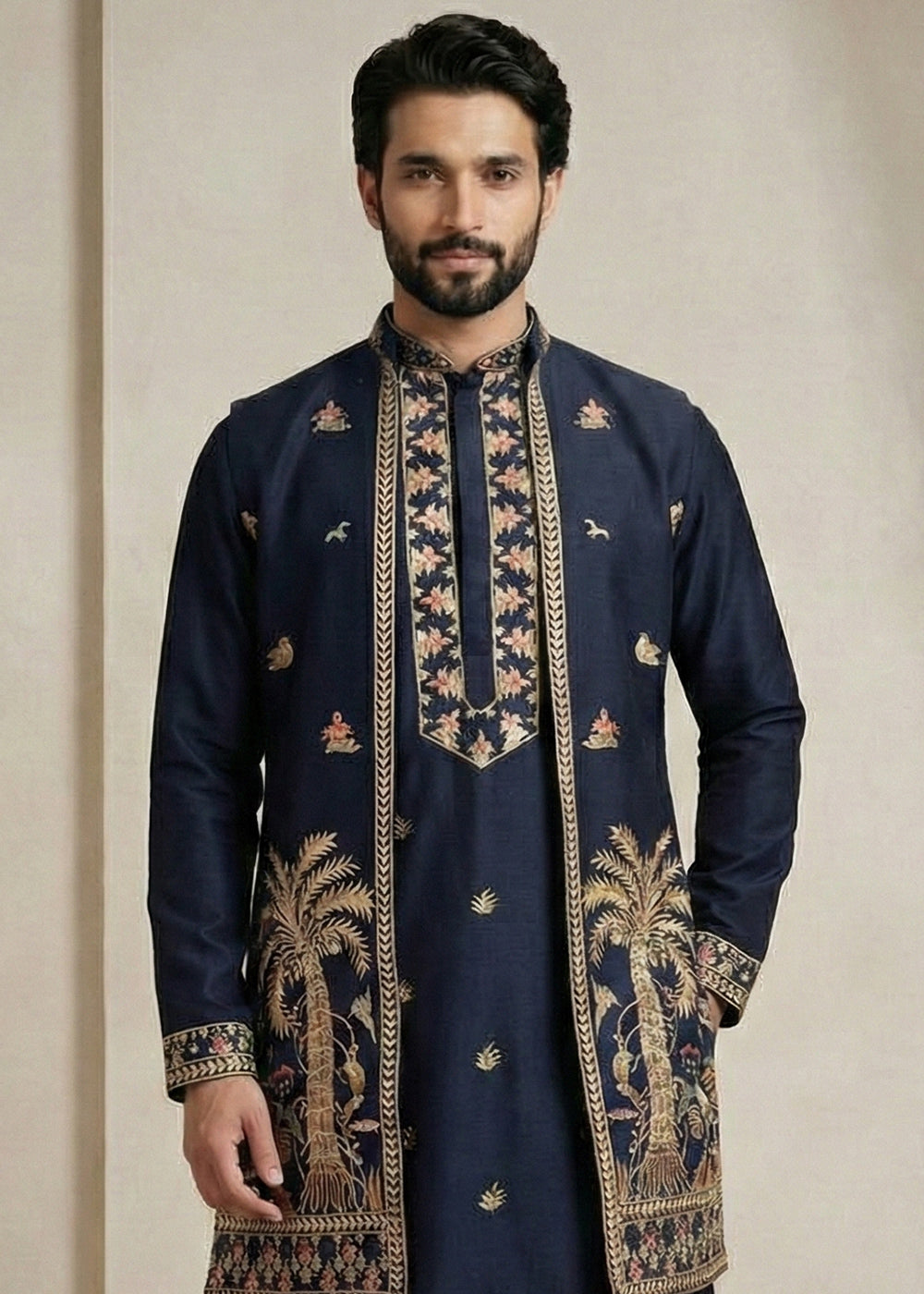 Navy Blue Embroidered Kurta Pajama Set with Long Jacket