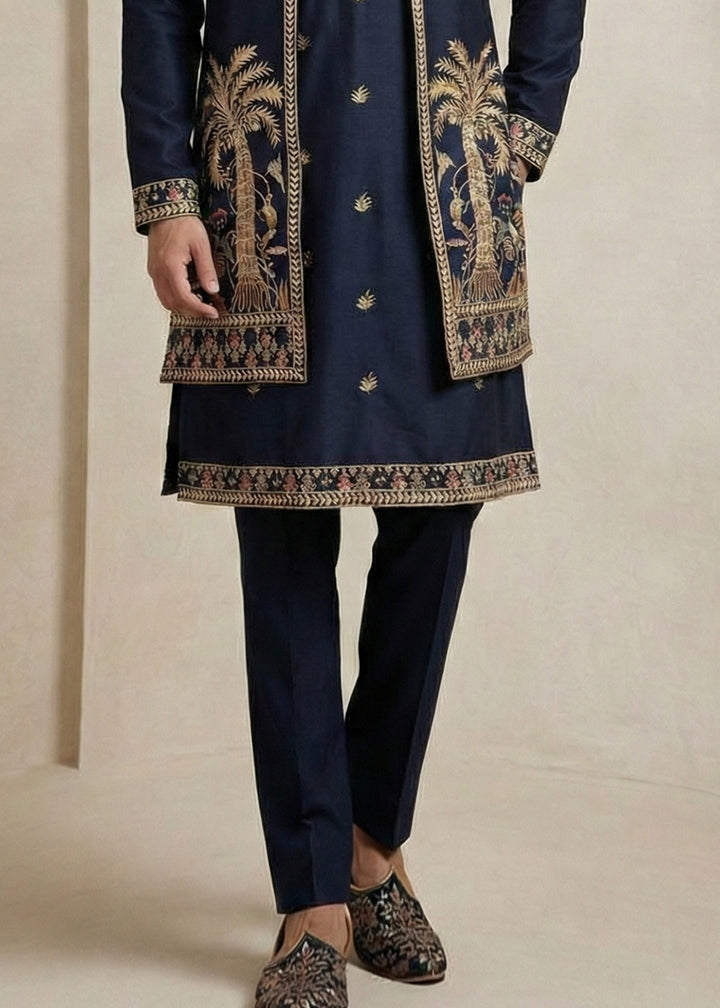 Navy Blue Embroidered Kurta Pajama Set with Long Jacket