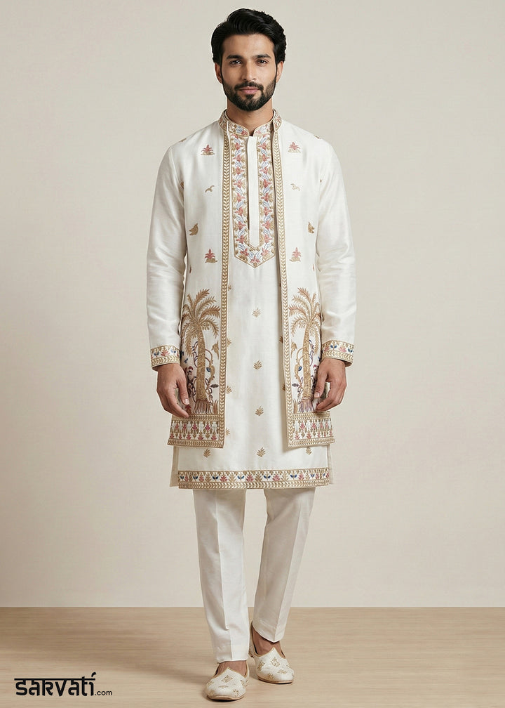 White Embroidered Kurta Pajama Set with Long Jacket