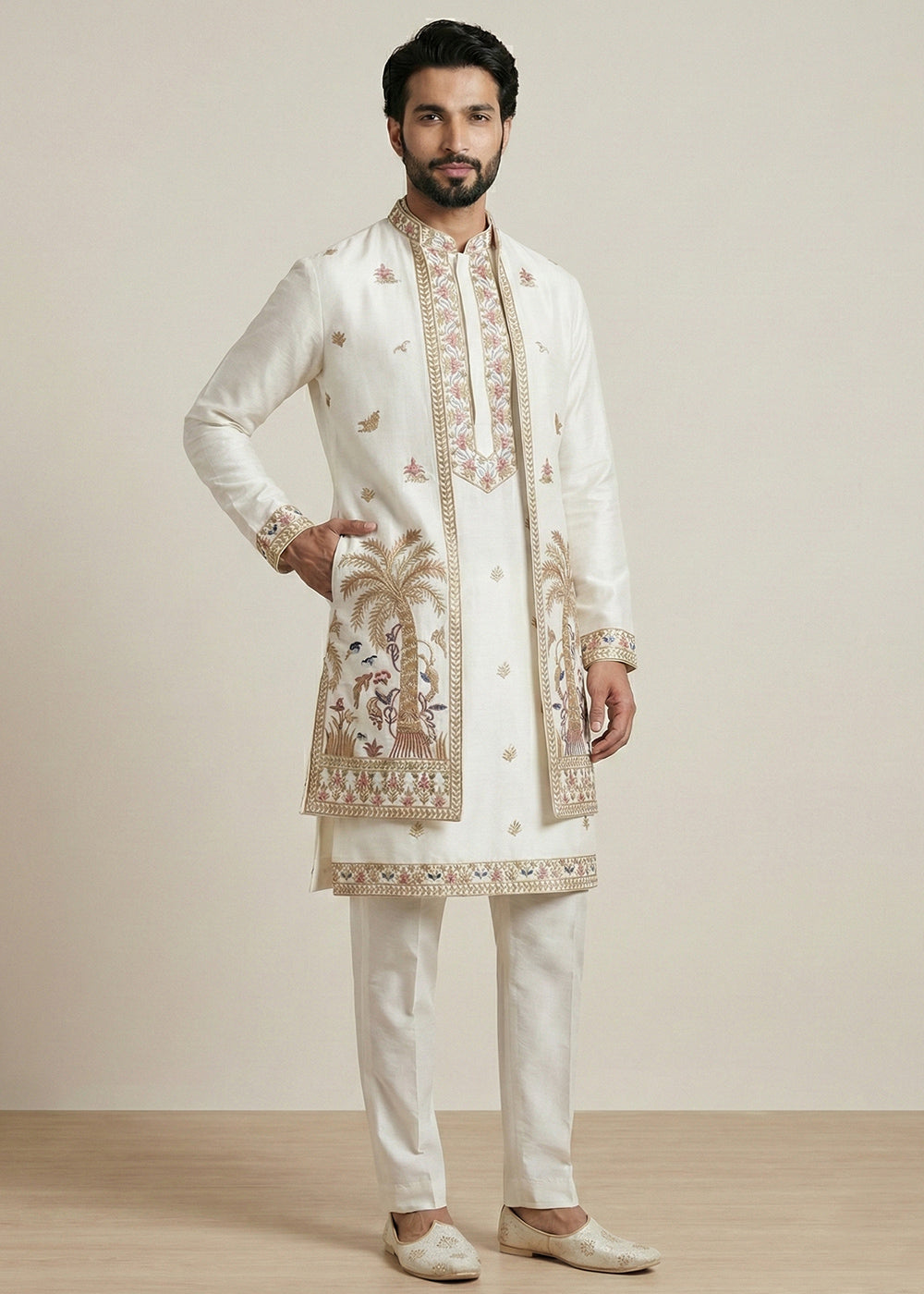 White Embroidered Kurta Pajama Set with Long Jacket