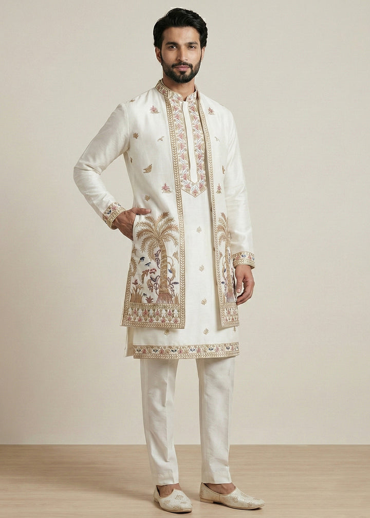 White Embroidered Kurta Pajama Set with Long Jacket
