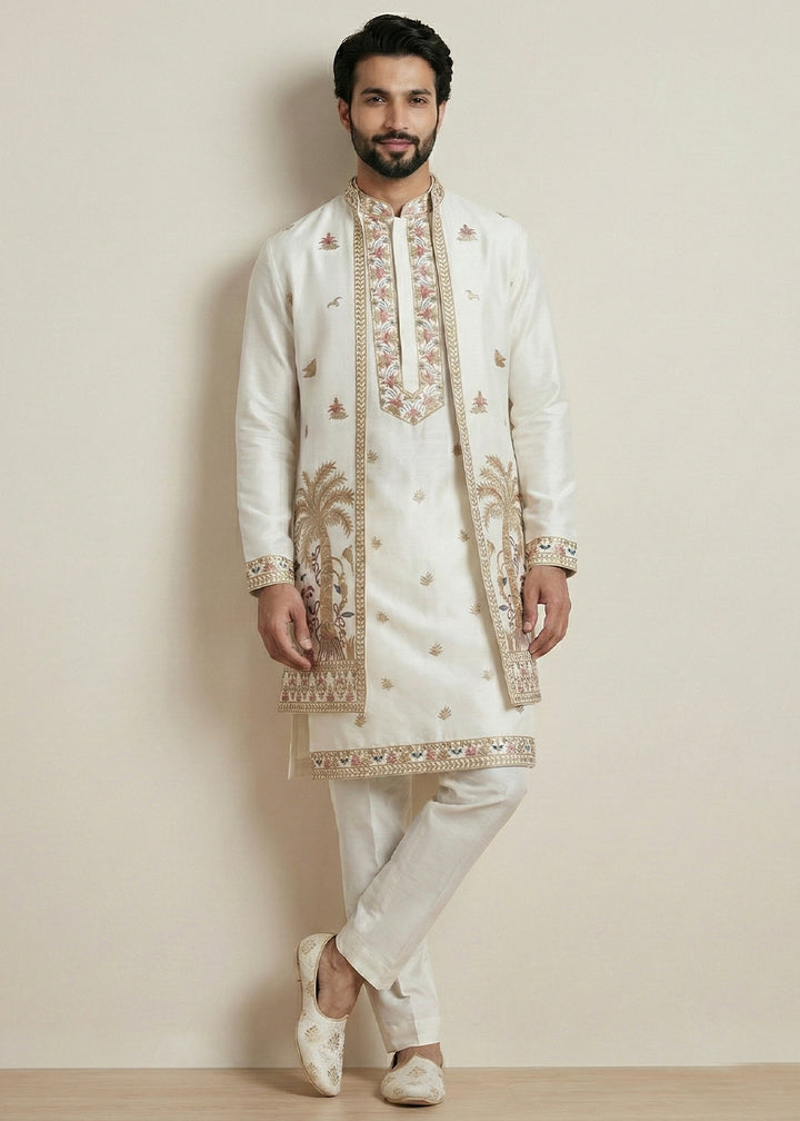 White Embroidered Kurta Pajama Set with Long Jacket