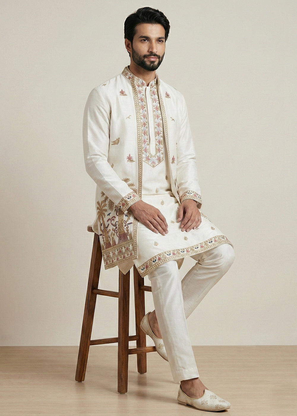 White Embroidered Kurta Pajama Set with Long Jacket