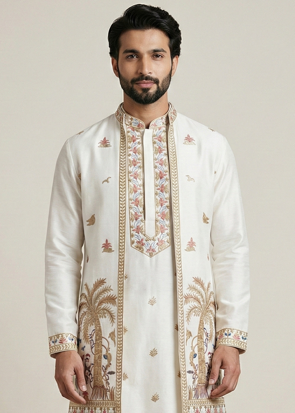 White Embroidered Kurta Pajama Set with Long Jacket