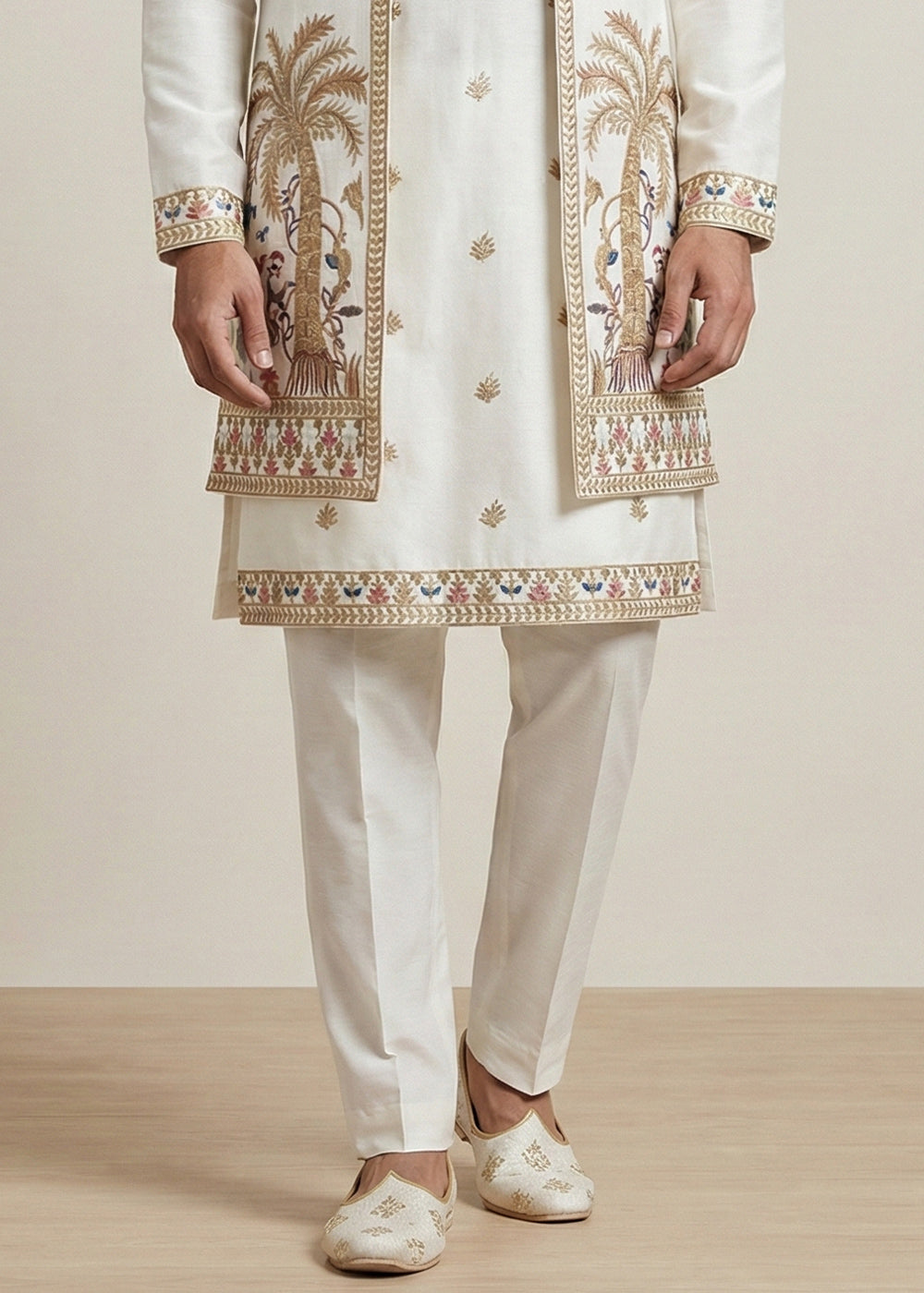 White Embroidered Kurta Pajama Set with Long Jacket