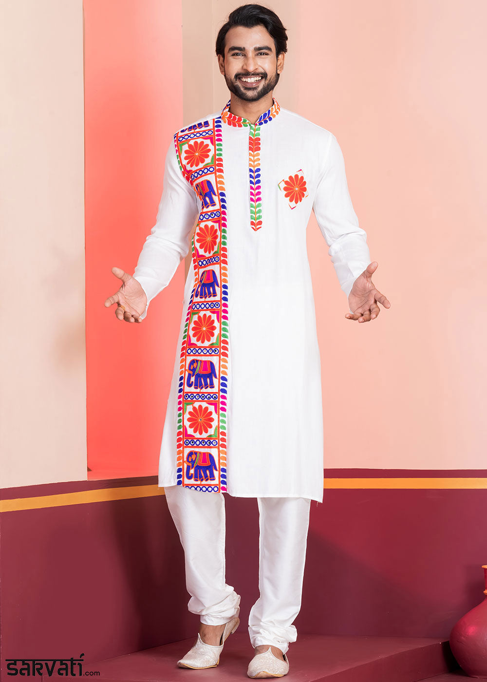 Pure White Rayon Kurta Pajama with Textured Lace Embroidery